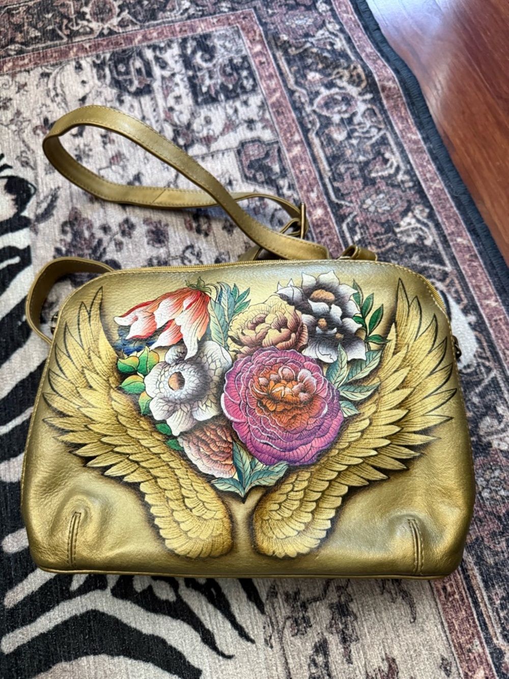 Anuschka Gold Floral Wing Leather Crossbody